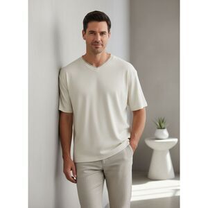 Claiborne Men's V-Neck T-Shirt Size M Cream White Short Sleeve